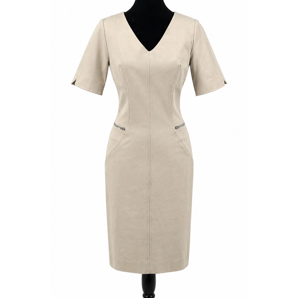 Bigio Collection Women's Short Sleeve Knee Length Sheath Dress Size Beige Knit